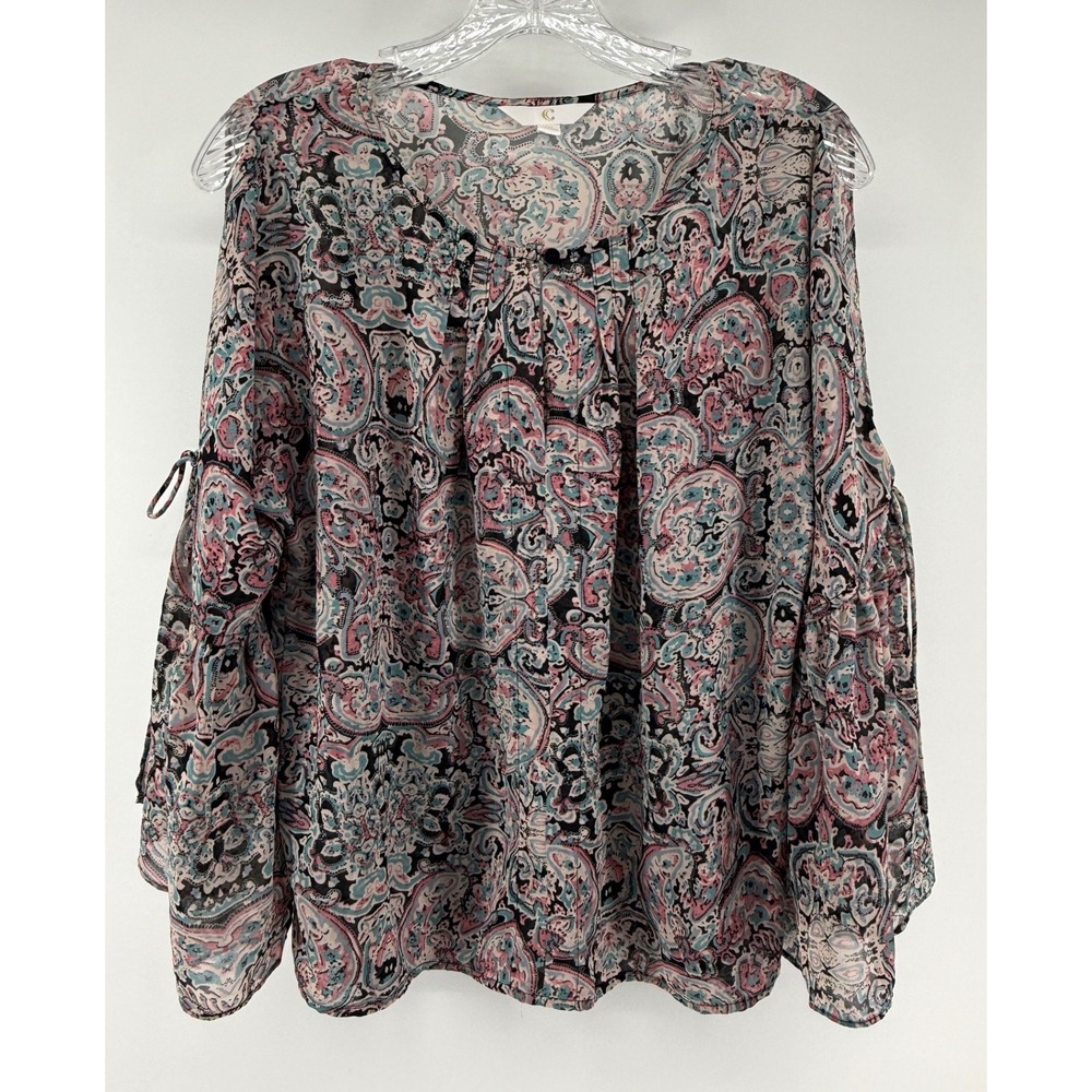 Catherine Catherine Malandrino Paisley Split Bell Sleeve Blouse Pink Teal Medium